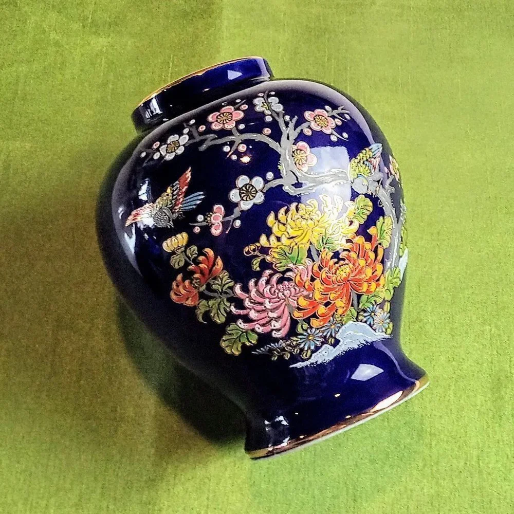 Kutani Cobalt Blue Bird Floral Moriage Ginger Jar